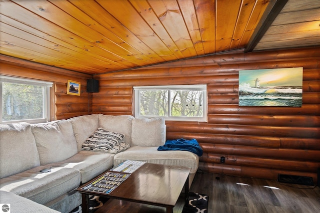 8817 Wilson Rd, Buckley, MI 49620 - living area featuring wood finished floors, wooden ceiling, plenty of natural light, and rustic walls
