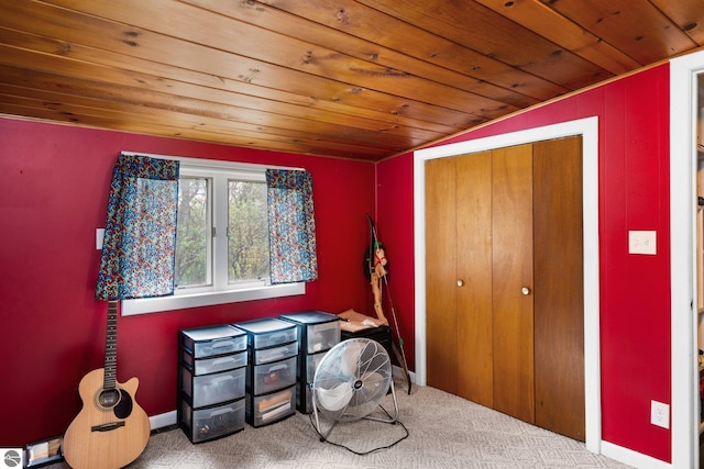 8817 Wilson Rd, Buckley, MI 49620 - carpeted bedroom featuring lofted ceiling, wooden ceiling, and baseboards