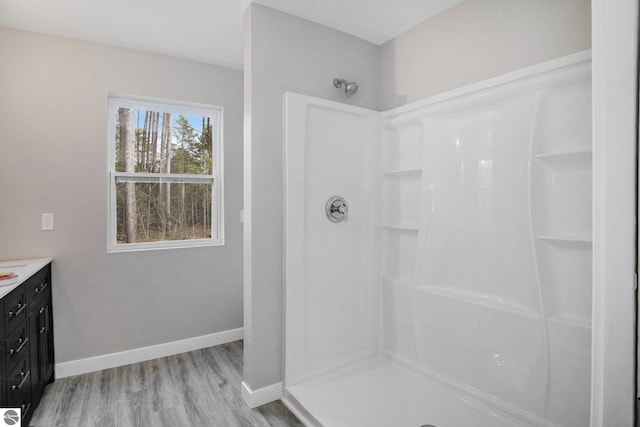 5203 NE Myers Rd, Kalkaska, MI 49646 - bathroom with wood finished floors, a shower, vanity, and baseboards