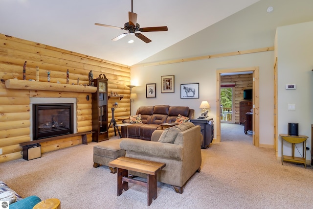 living area featuring log walls, ceiling fan, light carpet, and high vaulted ceiling