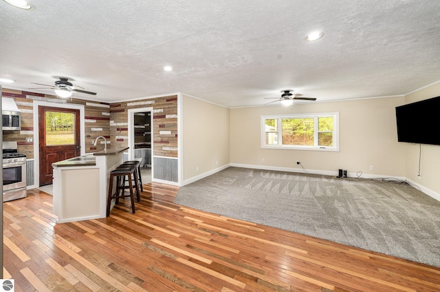 11749 Birch Dr, Lakeview, MI 48850 - kitchen featuring stainless steel appliances, a ceiling fan, a textured ceiling, a sink, and a kitchen bar
