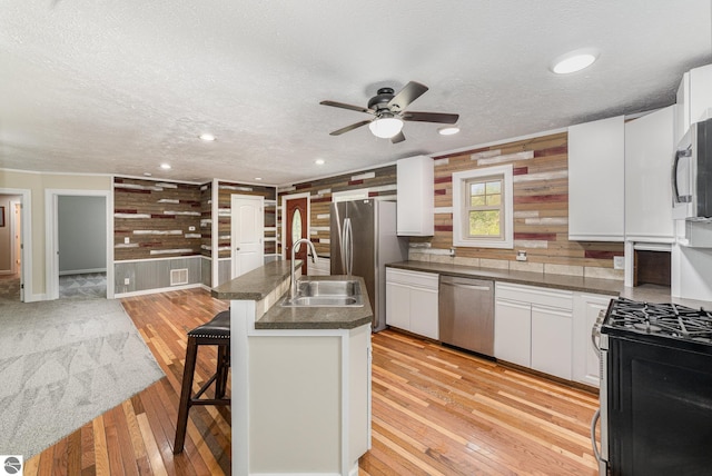 11749 Birch Dr, Lakeview, MI 48850 - kitchen featuring stainless steel appliances, a sink, dark countertops, a textured ceiling, and a ceiling fan