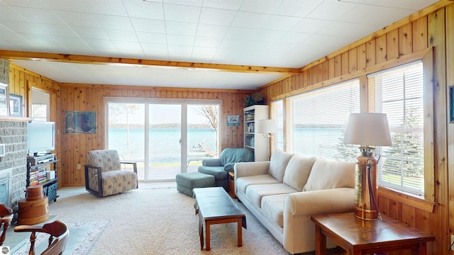 10701 SW Torch Lake Dr, Rapid City, MI 49676 - living room with wood walls, light colored carpet, and beamed ceiling
