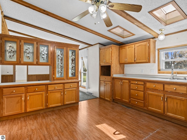 5891 N 19th Rd, Mesick, MI 49668 - kitchen with a skylight, healthy amount of natural light, a sink, brown cabinetry, and a textured ceiling