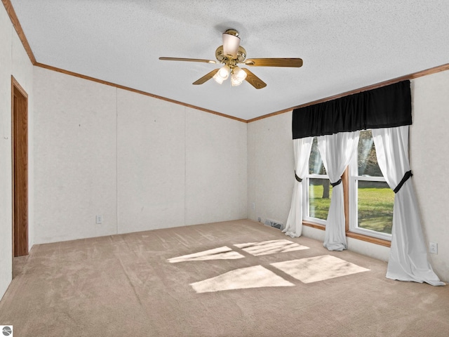 5891 N 19th Rd, Mesick, MI 49668 - carpeted empty room featuring ornamental molding, a ceiling fan, and a textured ceiling