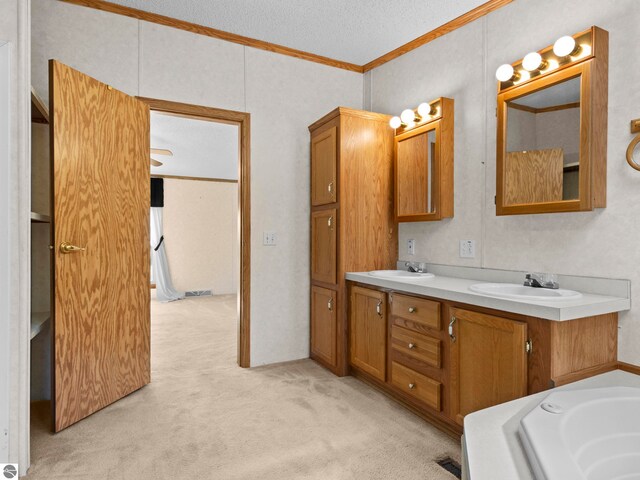 5891 N 19th Rd, Mesick, MI 49668 - bathroom with ornamental molding, a tub to relax in, double vanity, and carpet