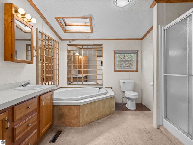 5891 N 19th Rd, Mesick, MI 49668 - bathroom featuring toilet, crown molding, a stall shower, a garden tub, and vanity