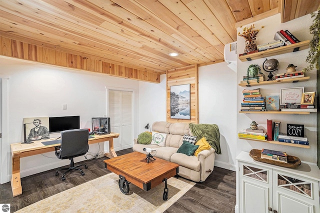 9266 Kenyon Trl, Frederic, MI 49733 - office space with wood ceiling, dark wood-style floors, baseboards, and recessed lighting