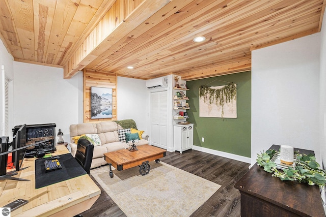9266 Kenyon Trl, Frederic, MI 49733 - living room with a wall unit AC, wood ceiling, recessed lighting, dark wood-type flooring, and baseboards