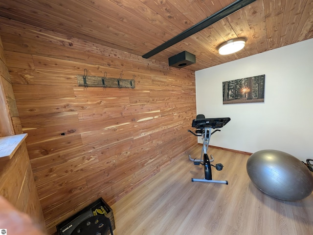 9266 Kenyon Trl, Frederic, MI 49733 - exercise room with wooden walls, wooden ceiling, baseboards, and wood finished floors