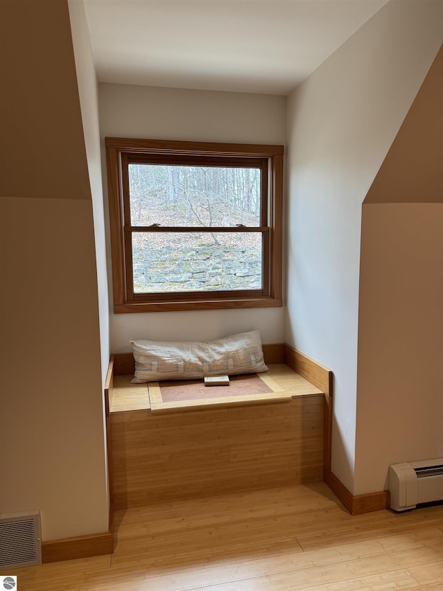 bathroom featuring a baseboard radiator, wood finished floors, and baseboards