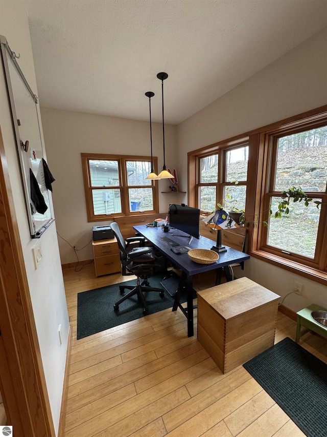 office with light wood-style floors, baseboards, and a textured ceiling