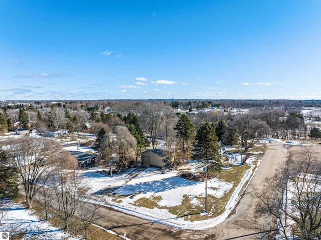 snowy aerial view with view of wooded area
