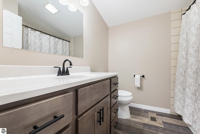 3218 S 41st Rd, Cadillac, MI 49601 - bathroom with wood finished floors, toilet, vanity, baseboards, and a shower with curtain