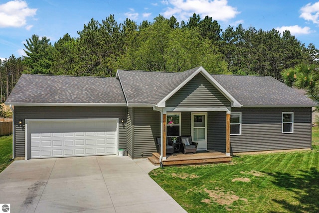 single story home featuring an attached garage, driveway, a porch, a front yard, and a shingled roof