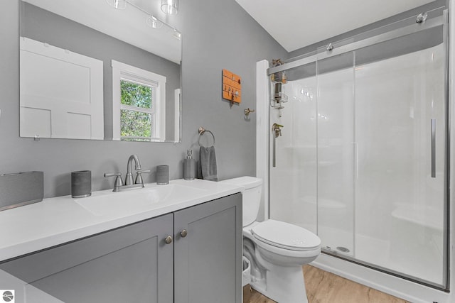 full bath with wood finished floors, a shower stall, toilet, and vanity