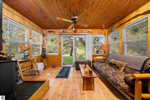 6202 Fletcher Rd, Fife Lake, MI 49633 - sunroom with ceiling fan, an outdoor living space, wooden walls, hardwood / wood-style flooring, and wood ceiling