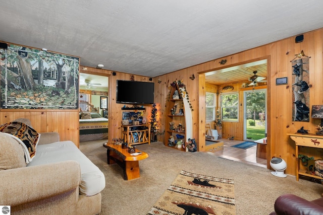 6202 Fletcher Rd, Fife Lake, MI 49633 - carpeted living area with wood walls and a ceiling fan