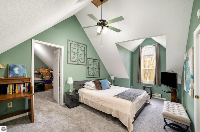 4480 Mockingbird Cir, Farwell, MI 48622 - bedroom featuring baseboard heating, lofted ceiling, carpet floors, and a ceiling fan