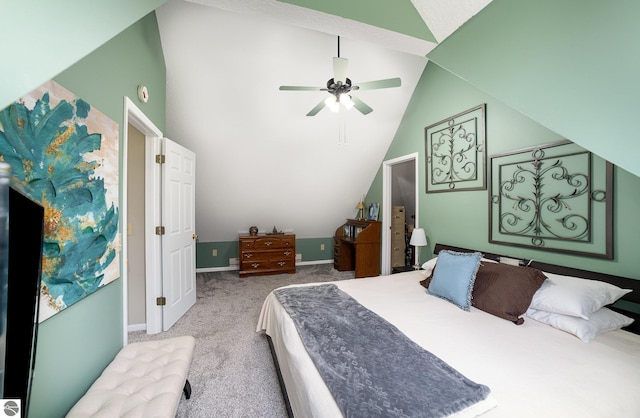 4480 Mockingbird Cir, Farwell, MI 48622 - carpeted bedroom featuring vaulted ceiling, baseboards, and ceiling fan