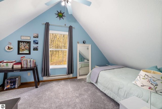 4480 Mockingbird Cir, Farwell, MI 48622 - carpeted bedroom with lofted ceiling, baseboard heating, ceiling fan, and baseboards