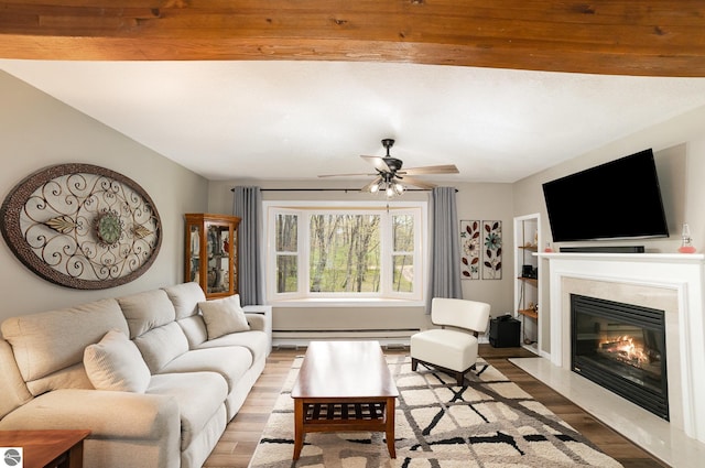 4480 Mockingbird Cir, Farwell, MI 48622 - living room with light wood-style floors, a glass covered fireplace, ceiling fan, and a baseboard radiator