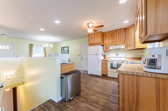 4237 Hearthside Dr, Traverse City, MI 49684 - kitchen featuring white appliances, under cabinet range hood, a sink, dark wood-style floors, and light countertops