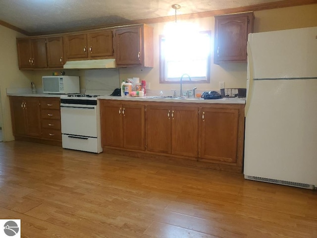 5232 E Broadway Lot 338, Mount Pleasant, MI 48858 - kitchen featuring white appliances, under cabinet range hood, light wood-type flooring, and light countertops