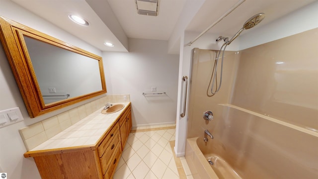 full bath featuring recessed lighting, tile patterned floors, tub / shower combination, baseboards, and vanity