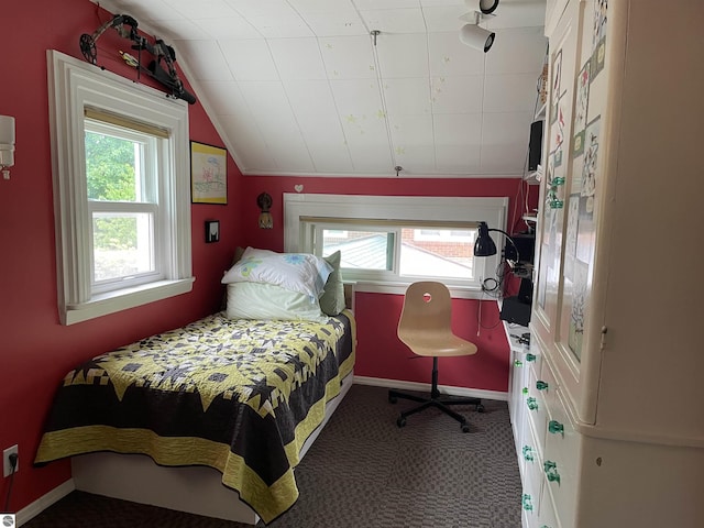 630 N State St, Alma, MI 48801 - bedroom featuring vaulted ceiling, baseboards, and carpet