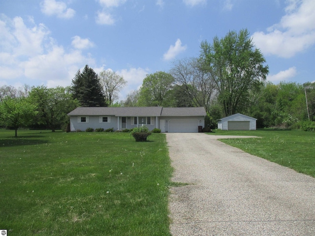 8481 N Luce Rd, Alma, MI 48801 - ranch-style house featuring a front yard, an attached garage, and an outdoor structure