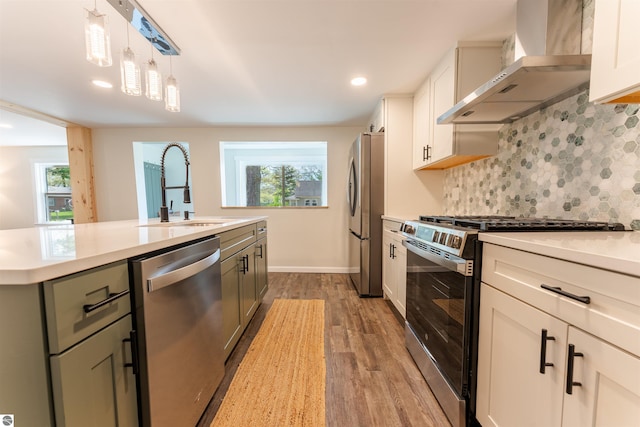 968 Barlow St, Traverse City, MI 49686 - kitchen featuring appliances with stainless steel finishes, wall chimney exhaust hood, a sink, light countertops, and wood finished floors