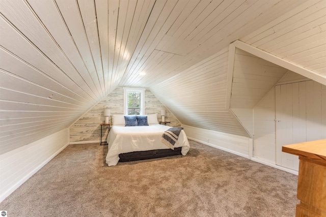 968 Barlow St, Traverse City, MI 49686 - bedroom featuring wood walls, carpet, lofted ceiling, and wood ceiling