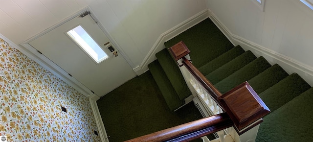 stairs featuring carpet flooring