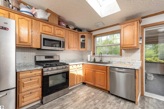 2250 N Coleman Rd, Coleman, MI 48618 - kitchen with appliances with stainless steel finishes, a sink, light wood-style flooring, light stone counters, and a skylight