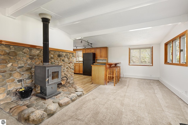 11199 Center Rd, Traverse City, MI 49686 - unfurnished living room featuring light carpet and a wood stove
