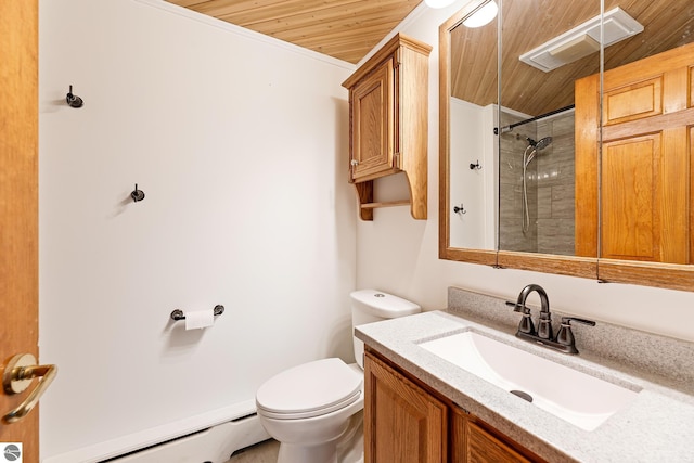 11199 Center Rd, Traverse City, MI 49686 - full bathroom featuring baseboard heating, wood ceiling, toilet, vanity, and a shower