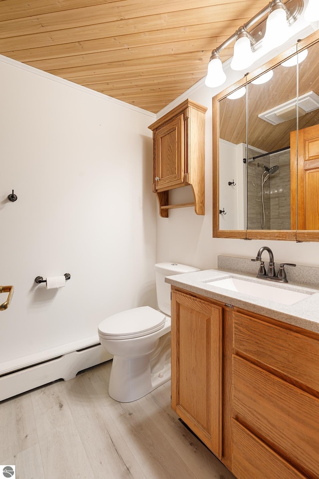 11199 Center Rd, Traverse City, MI 49686 - bathroom featuring wooden ceiling, toilet, a shower, wood finished floors, and baseboard heating