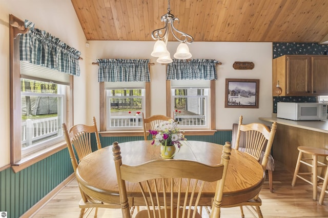 dining space featuring a chandelier, light wood-type flooring, wood ceiling, wallpapered walls, and lofted ceiling