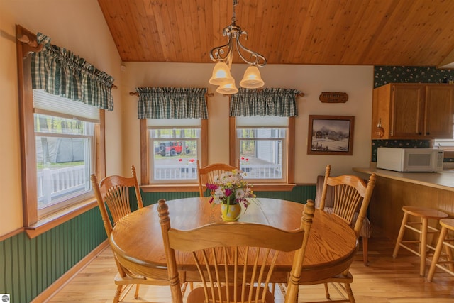 dining room with a chandelier, light wood-style floors, wood ceiling, lofted ceiling, and wallpapered walls