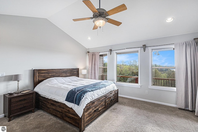 3290 Sumac Trl, Frankfort, MI 49635 - bedroom featuring vaulted ceiling, carpet, baseboards, recessed lighting, and a ceiling fan