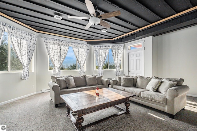 3290 Sumac Trl, Frankfort, MI 49635 - carpeted living area featuring ceiling fan, a baseboard heating unit, and baseboards