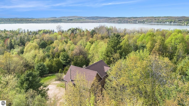 3290 Sumac Trl, Frankfort, MI 49635 - aerial view of property and surrounding area with a nearby body of water and a heavily wooded area
