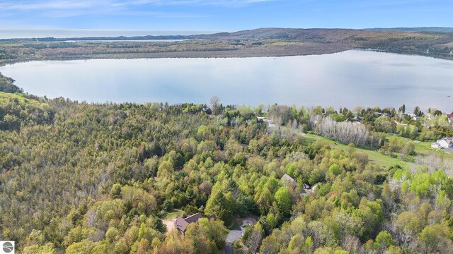 3290 Sumac Trl, Frankfort, MI 49635 - aerial view of property and surrounding area featuring a nearby body of water and a forest