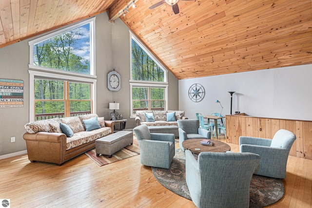 5301 Durga Rd, Williamsburg, MI 49690 - living area with wooden ceiling with exposed beams, a ceiling fan, hardwood / wood-style flooring, high vaulted ceiling, and baseboards
