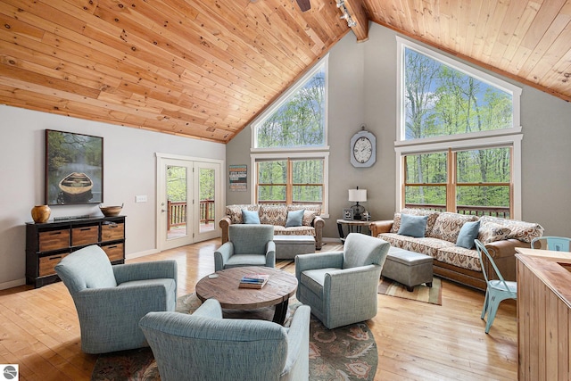 5301 Durga Rd, Williamsburg, MI 49690 - living area with wood ceiling with exposed beams, light wood-type flooring, and high vaulted ceiling