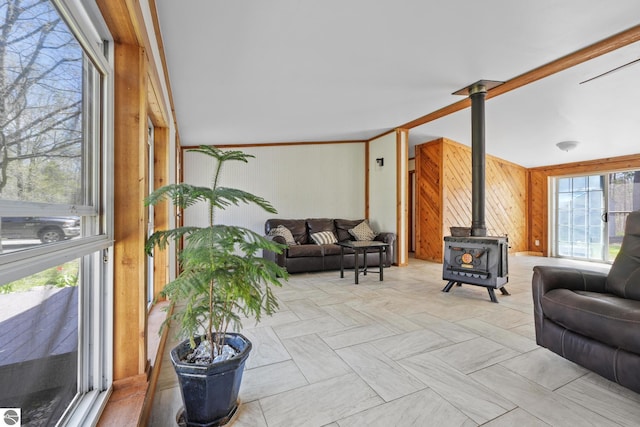 1493 NE Laura Ln, Kalkaska, MI 49646 - living area with a wood stove and wooden walls