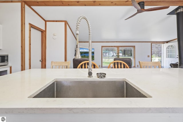 1493 NE Laura Ln, Kalkaska, MI 49646 - kitchen with stainless steel microwave, a sink, and ceiling fan