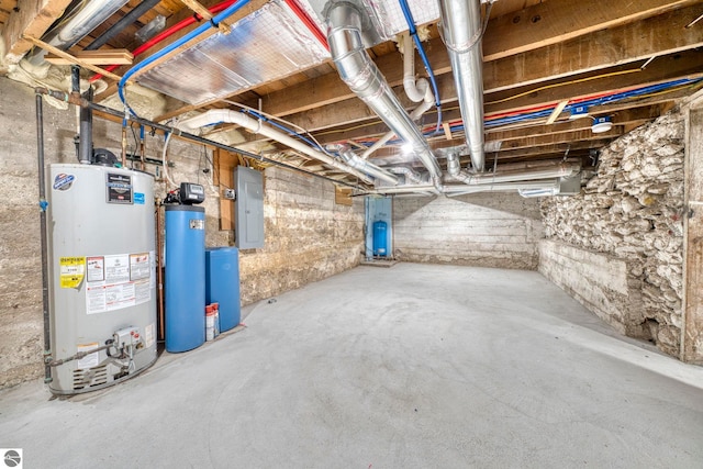 9560 S Cedar Rd, Cedar, MI 49621 - unfinished below grade area with gas water heater, electric panel, and a water softener system