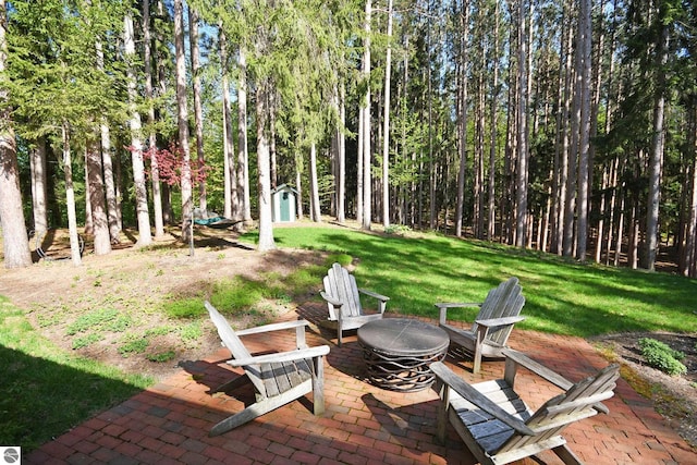 9017 S Dunns Farm Rd, Maple City, MI 49664 - view of grassy yard featuring a patio and a fire pit
